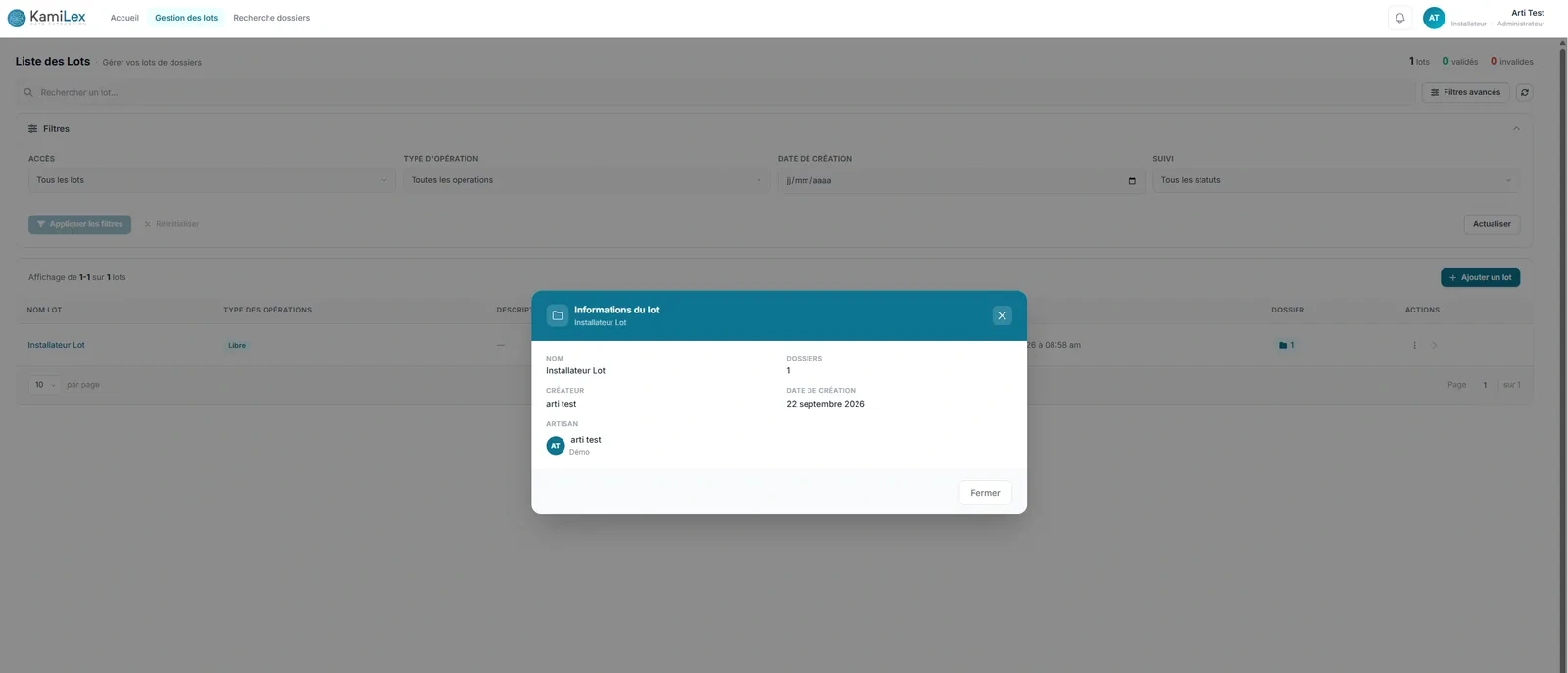 Espace installateur : liste des lots déposés et informations d'un lot