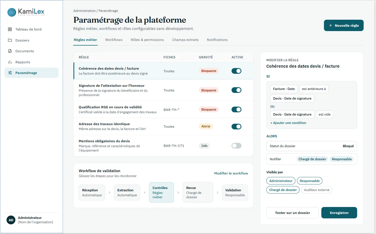 Paramétrage : règles métier et rôles