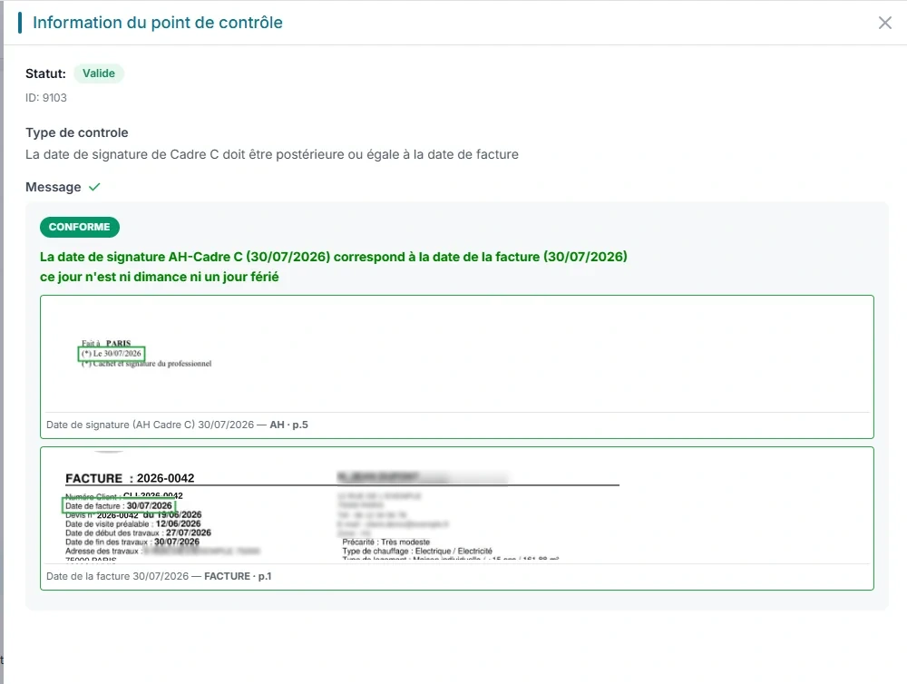 Point de contrôle conforme : date de signature de l'attestation confrontée à la date de facture